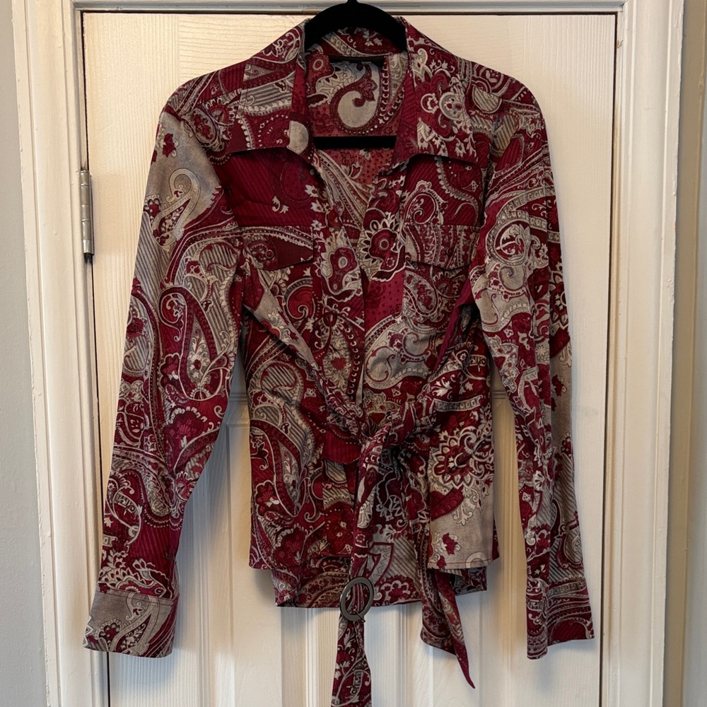 Jones New York Red & Cream Paisley Tie Waist Blouse | XL Workwear Top Office